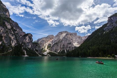 Turquoise Lago Di Braies Lake Or Pragser Wildsee In Dolomite Mountains
