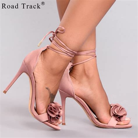 road track women sandals high heels lace up cross tied summer flowers shoes thin heels for