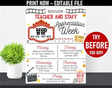 Editable Teacher Appreciation Staff All Star Movie Themed Etsy