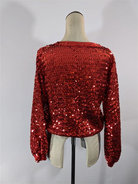 Bright Red Sequin Slouchy Disco Shirt Top Glam Etsy