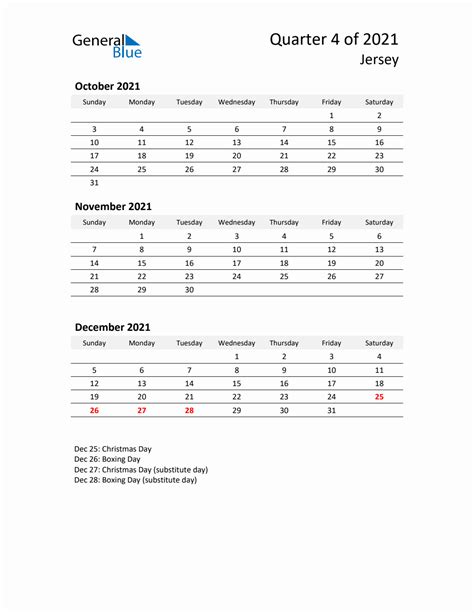 Q4 2021 Quarterly Calendar With Jersey Holidays