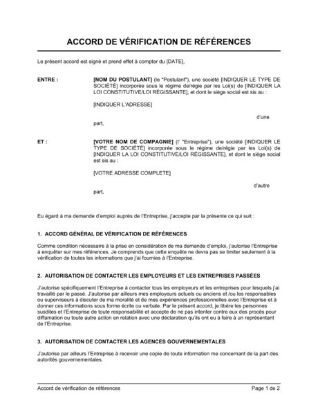 Accord De Vérification De Références Modèles And Exemples Pdf