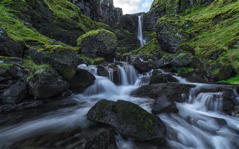 Iceland Snaefellsness Peninsula Waterfall After The Rain Rocks Green Moss Smooth Water Landscape
