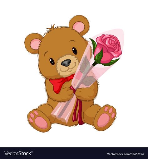 Cartoon Cute Teddy Bear Holding A Flower Vector Image