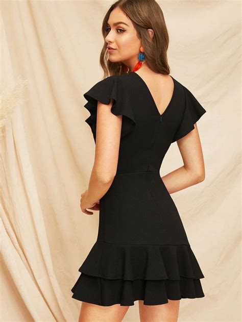 Shein V Back Layered Ruffle Hem Flutter Sleeve Dress Elegant Black Dress Flutter Sleeve Dress