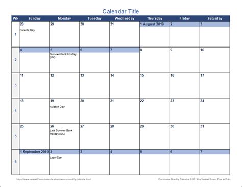 Continuous Calendar 2024 Printable 2024 Calendar Printable
