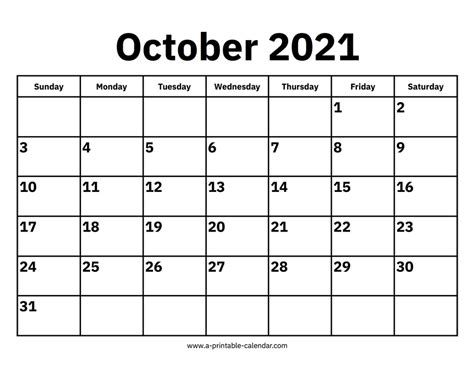 October 2021 Calendar A Printable Calendar