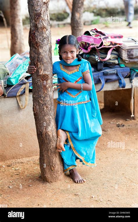 Rural Indian Village School Girl Standing By A Tree In An Outside Class Andhra Pradesh India