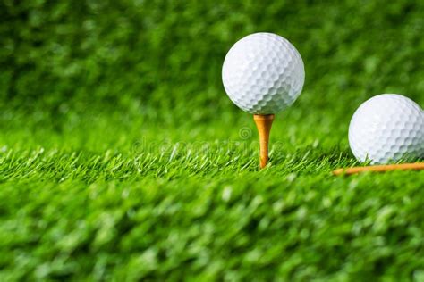 Golf Ball With Green Grass Background On Tee Closeup Stock Image
