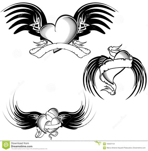 Gothic Black Winged Heart Tattoo Set Pack Stock Vector Illustration