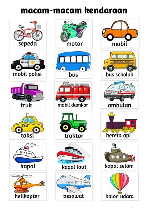 Macam Macam Kendaraan Kids Learning Charts Flashcards English