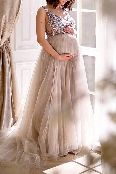 Usd Maternity V Neck Maxi Tulle Gown With Tonal Delicate Sequins