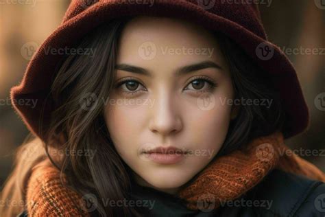 Close Up Beautiful Girl With A Coat And Hat In The Street Ai