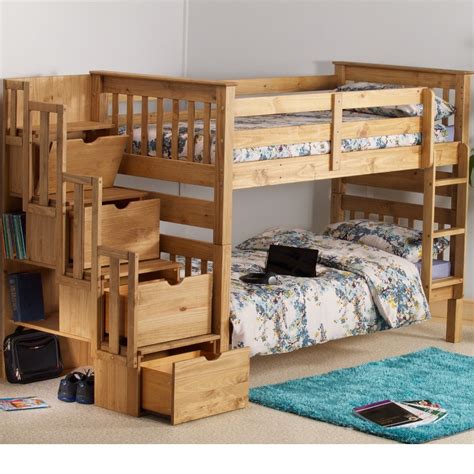 Mission Waxed Pine Wooden Staircase Storage Bunk Bed