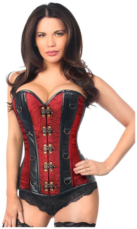 Top Drawer Two Tone Wine Brocade And Faux Leather Steel Boned Corset SpicyLegs Com