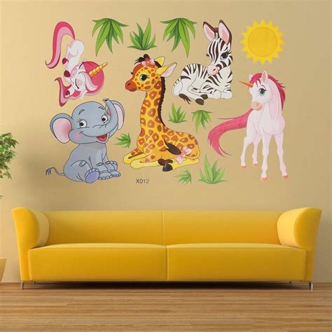 Cartoon Animal Elephant Giraffes Grass Bedroom Removable Wall Sticker