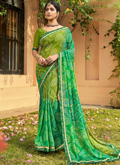 Printed Saree Printed Georgette In Green In 2020 Printed Sarees Saree New Fashion Saree