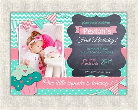 Girls 1st Birthday Invitation First Birthday Cupcake Invitation
