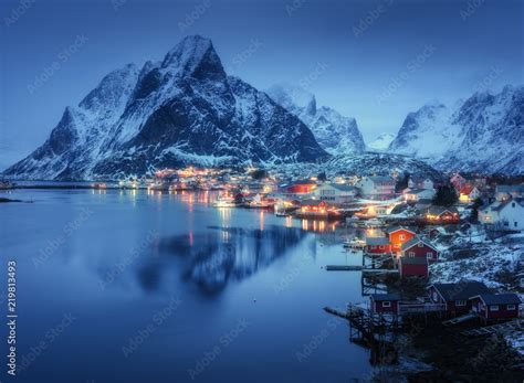 Beautiful Reine In At Night Lofoten Islands Norway Winter Landscape