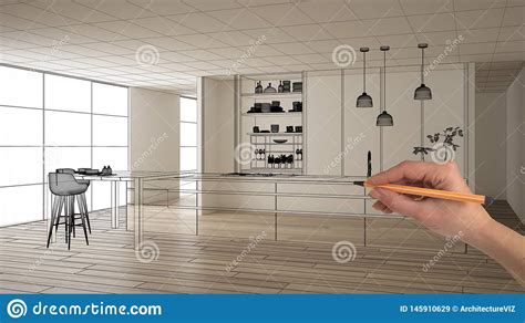 Empty White Interior With Parquet Floor And White Walls Hand Drawing