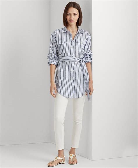 Lauren Ralph Lauren Womens Striped Belted Linen Shirt Macys