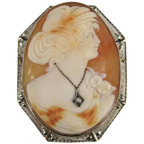 Antique Victorian White Gold Cameo Diamond Shell Brooch Pendant 1