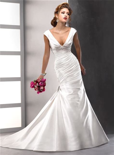 Sexy Trumpet Mermaid V Neck Satin Wedding Dress With Low Back