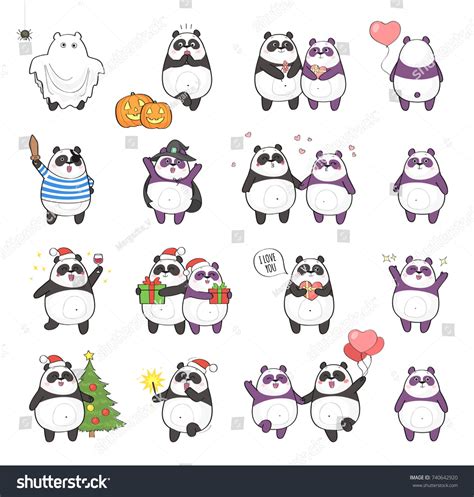 Set Cute Panda Character Different Emotions Stock Illustration