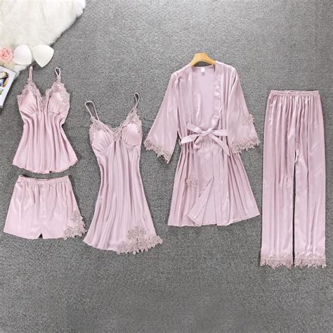 Cheap Lisacmvpnel 5 Pcs With Pad Sexy Lace Pajama Set Nightgowncardiganpant Set Lace Pijama