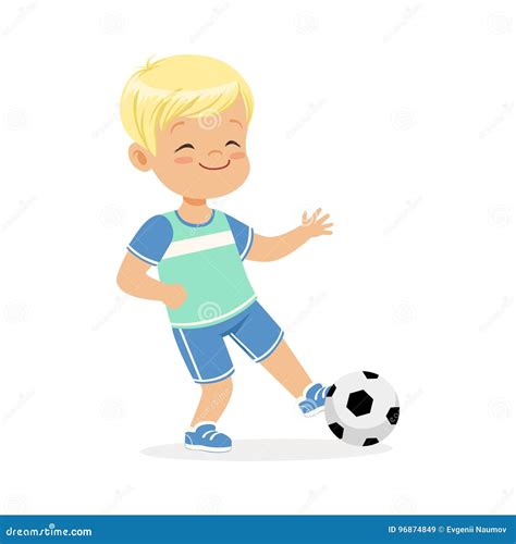 Boy Playing Soccer Kid Kicking A Ball Colorful Character Vector