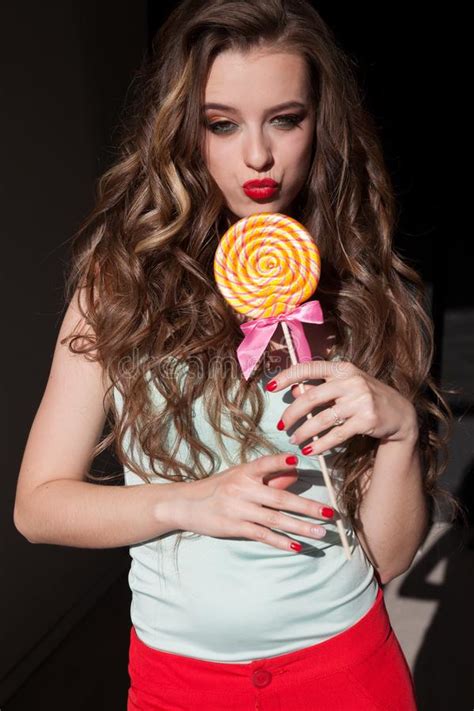 Beautiful Girl Eats Sweet Candy Big Lollipop Stock Image Image Of