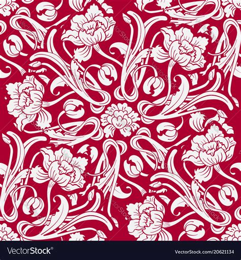 Red Seamless Pattern With Flowers In Oriental Vector Image On With