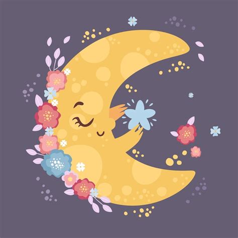 Free Vector Cute Moon With A Star In Flowers