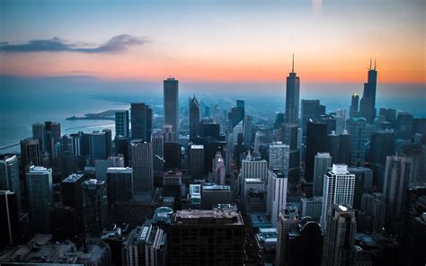 Chicago Illinois Usa Skyscrapers Buildings City Sky Sunset