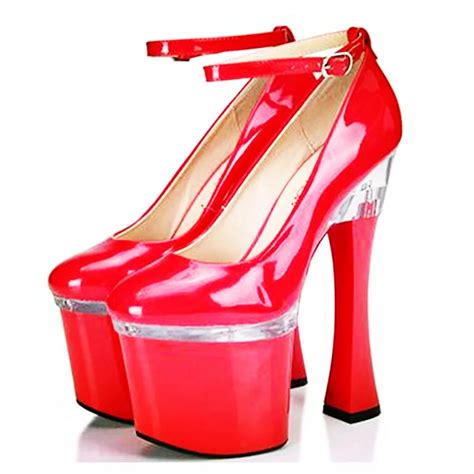 19cm High Fashion Woman 9cm Platform High Heels Patent Pu Big Pumps Female Sexy Round Toe Shoes