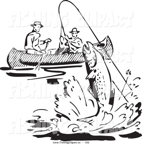 Clip Art Of A Retro Black And White Men Fishing In A Boat A Fish
