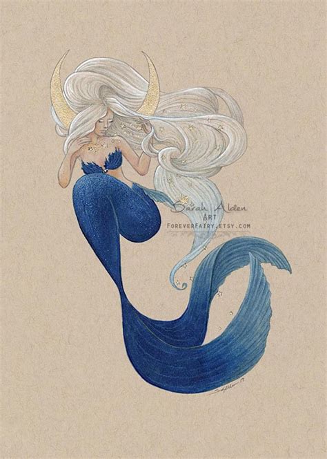 Crescent Moon Mermaid Print Luna Little Mermaid Art Celestial Mermay