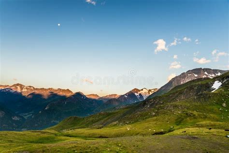 Early Morning In The Alps With Sunlit Mountain Peaks Stock Image