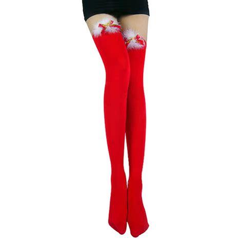 Furry Womens Sexy Black Smooth Thigh High Stockings With Cute Santa