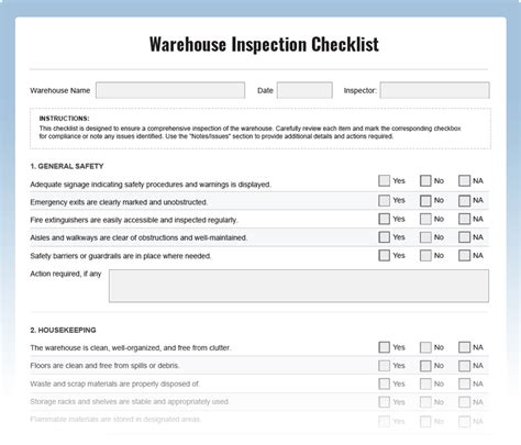 Warehouse Inspection Checklist Download Free PDF