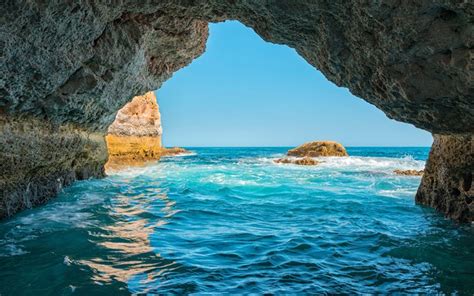 Download Wallpapers Algarve Sea Coast Grotto South Portugal Waves