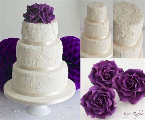 Lace Wedding Cake With Fuchsia Purple Roses 2484452 Weddbook
