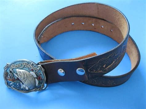 Bass Fishing Belt Buckle And Tooled Cowhide Leather Belt