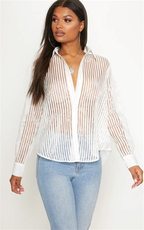 white stripe sheer oversized shirt tops prettylittlething usa