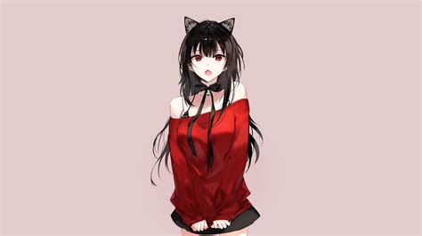 Red Eyes Long Hair Skirt Black Hair Girl Anime Original Anime