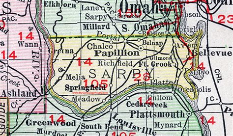 Sarpy County Nebraska Map 1912 Papillion Bellevue Springfield Ft