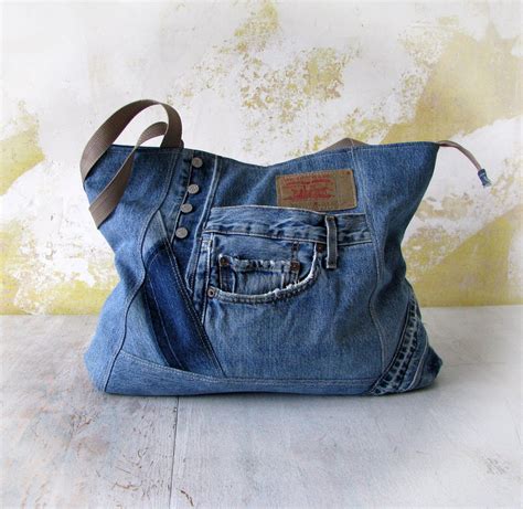 Recycled Denim Tote Bag Blue Jeans Big Handbag Patchwork Etsy