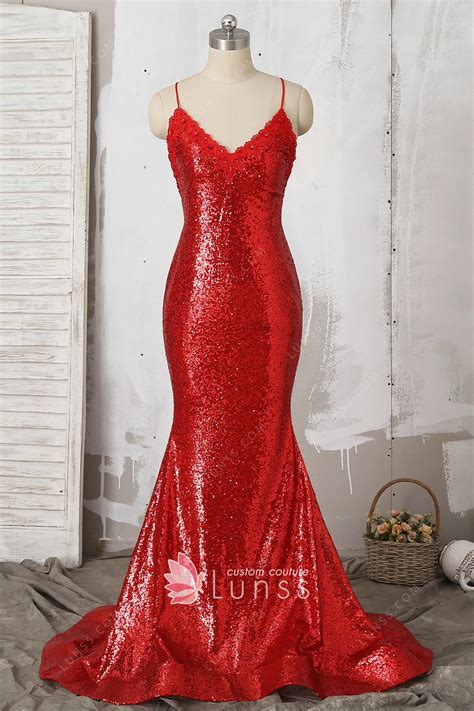 Elegant Beaded Lace V Neck Red Sequin Mermaid Prom Dress Lunss