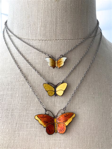 Vintage Norway Sterling Silver Yellow Enamel Butterfly Choker Necklace