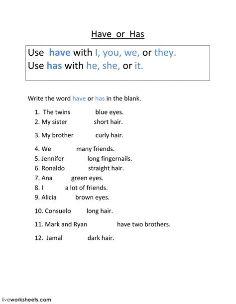 Good lesson, but i had a little doubt about present perfect and past perfect,i know when i use these, but as i am new student i want to know how i will to use the verb have in. Have or Has worksheet
